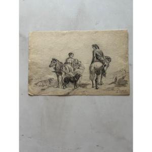 Drawing Of A Woman In A Cart And A Man On Horseback. Signed Tourgueneff  