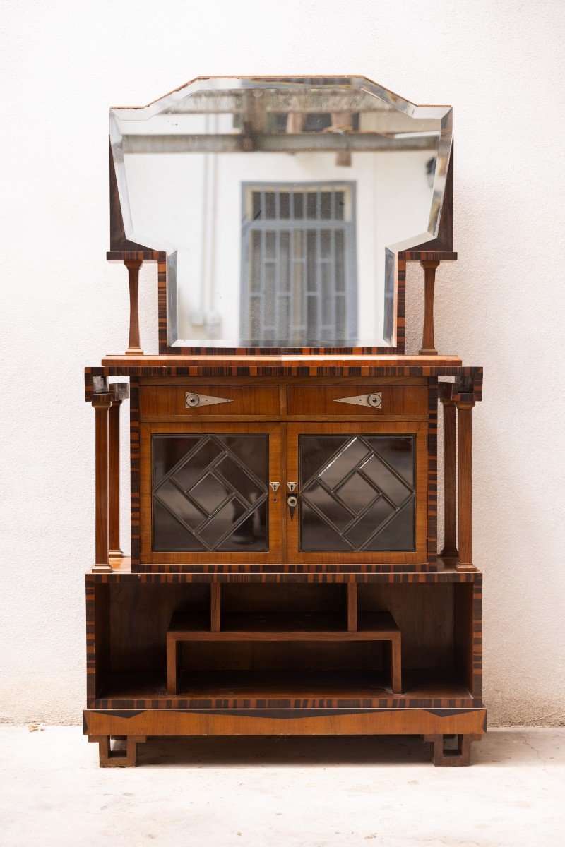 Deco Sideboard In Walnut And Rosewood Rio With Mirror And Side Columns