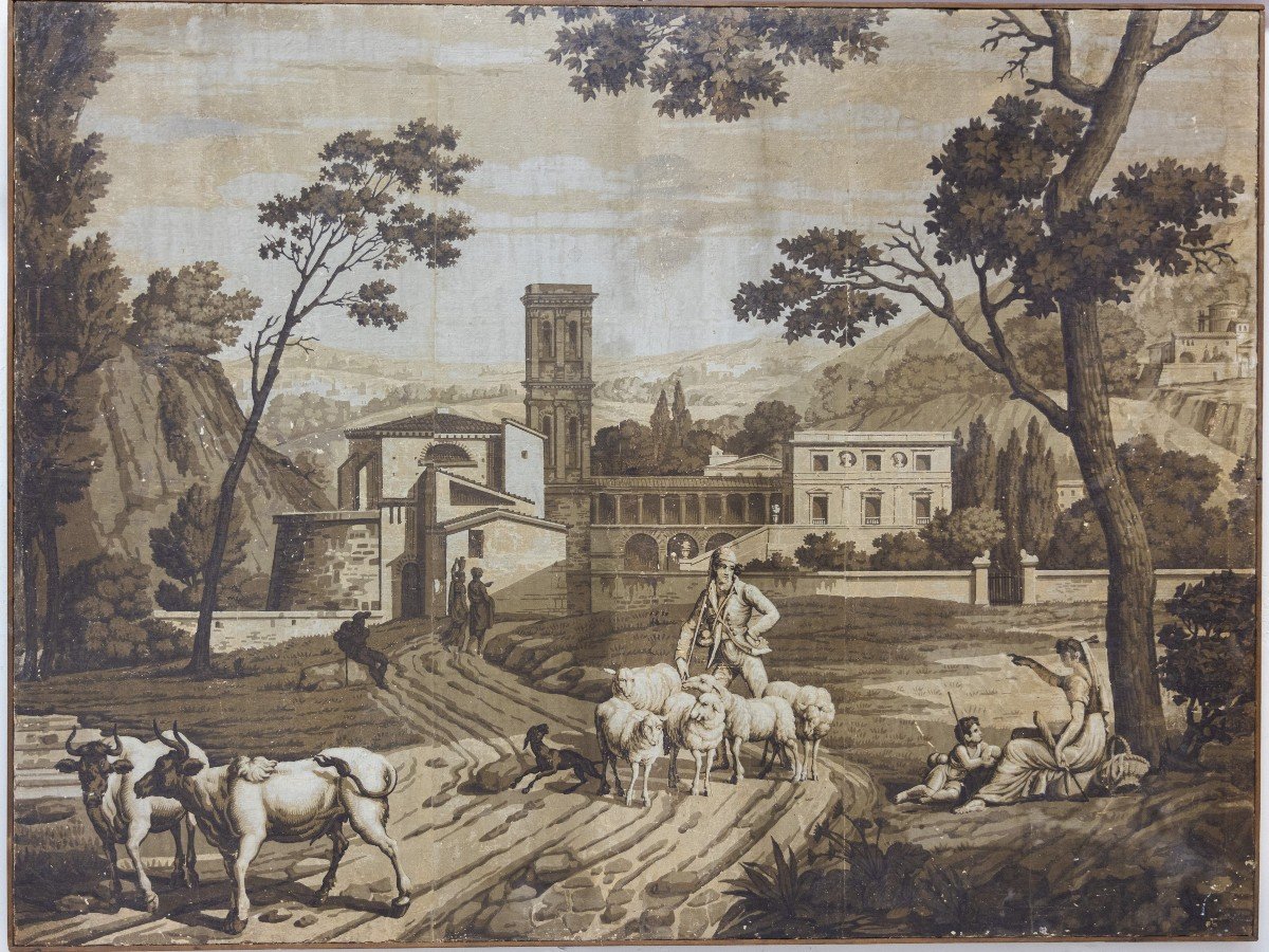 Grisaille Représentant Un Paysage Avec Personnages Et Troupeaux