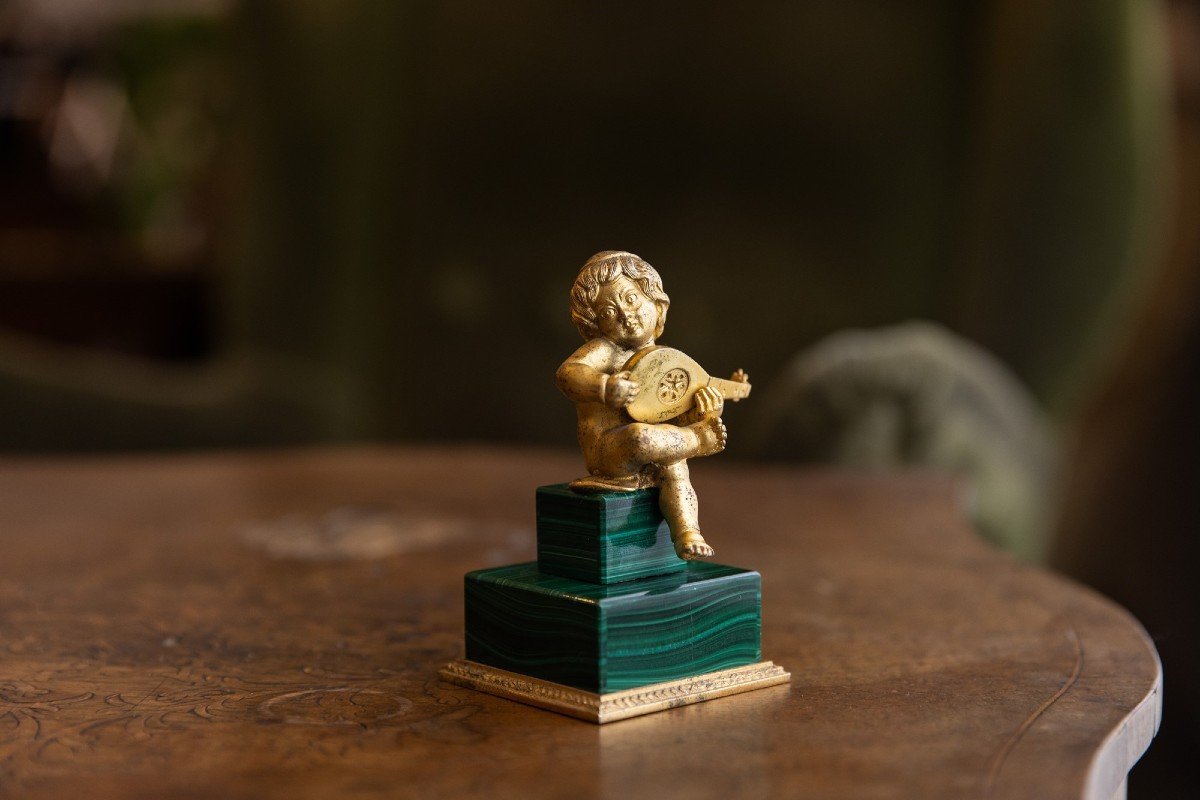 Putto En Malachite Et Bronze Doré