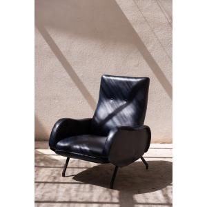 Chaise Longue Armchair In Blue Leather And Iron Feet