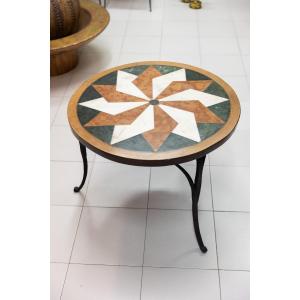 Coffee Table In Wrought Iron And Polychrome Marble Mosaic