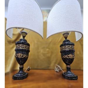 Pair Of Lampshades In Green Alpine Marble And Gilded Bronze Decorations