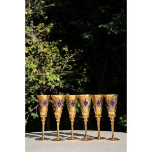 N. 6 Verres à Champagne En Verre De Murano En émail Et Feuille d'Or 24 Carats