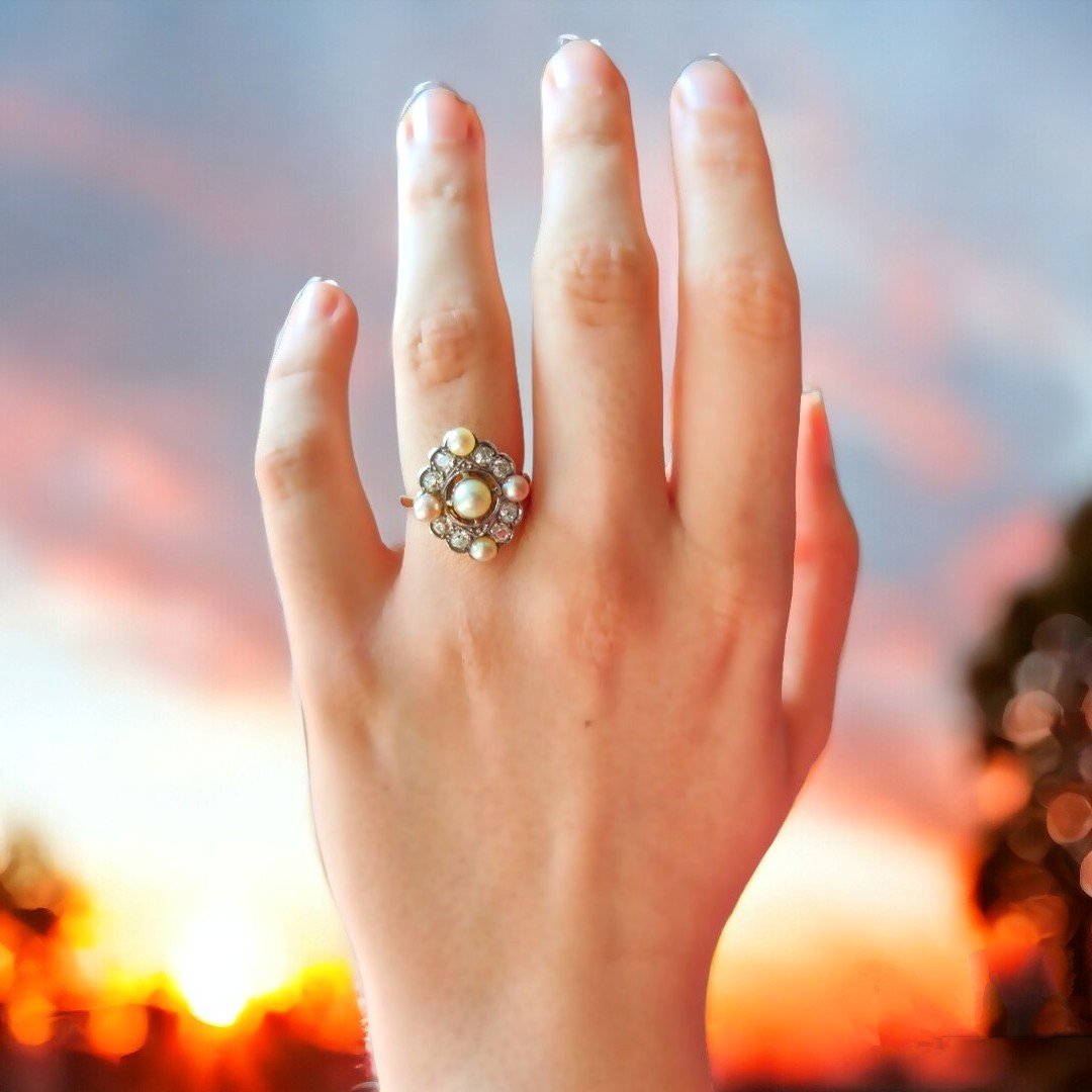 1890s-1920s Diamond And Seed Pearl Cluster Ring In 18kt  Gold-photo-2