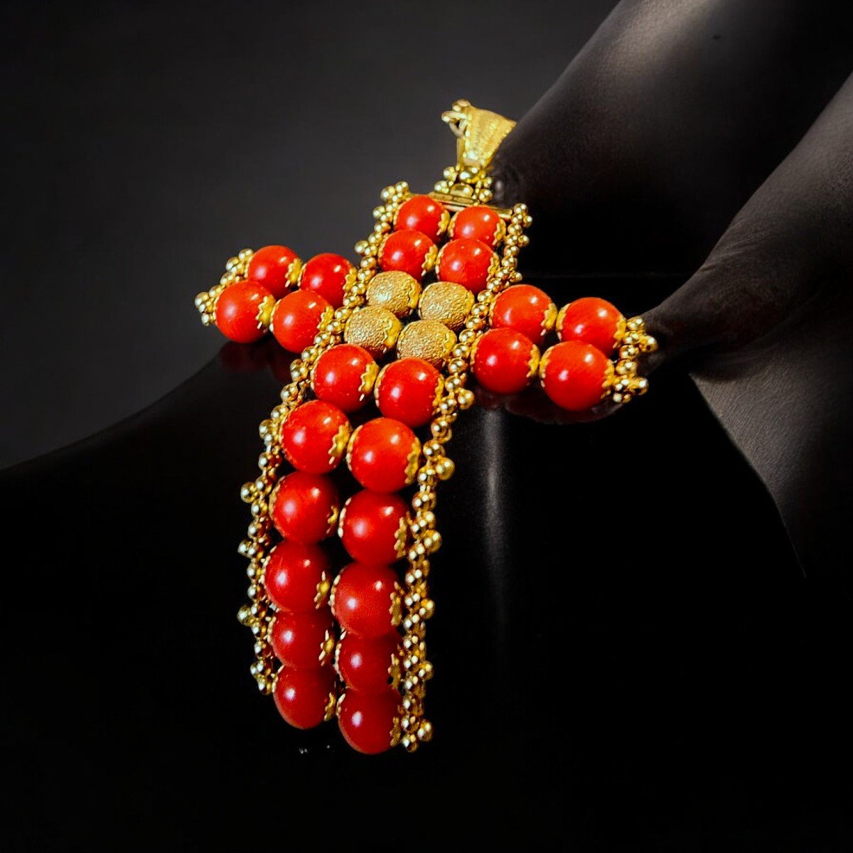 Vintage Sardinian Red Coral And Filigree Coral Cross Pendant-photo-2