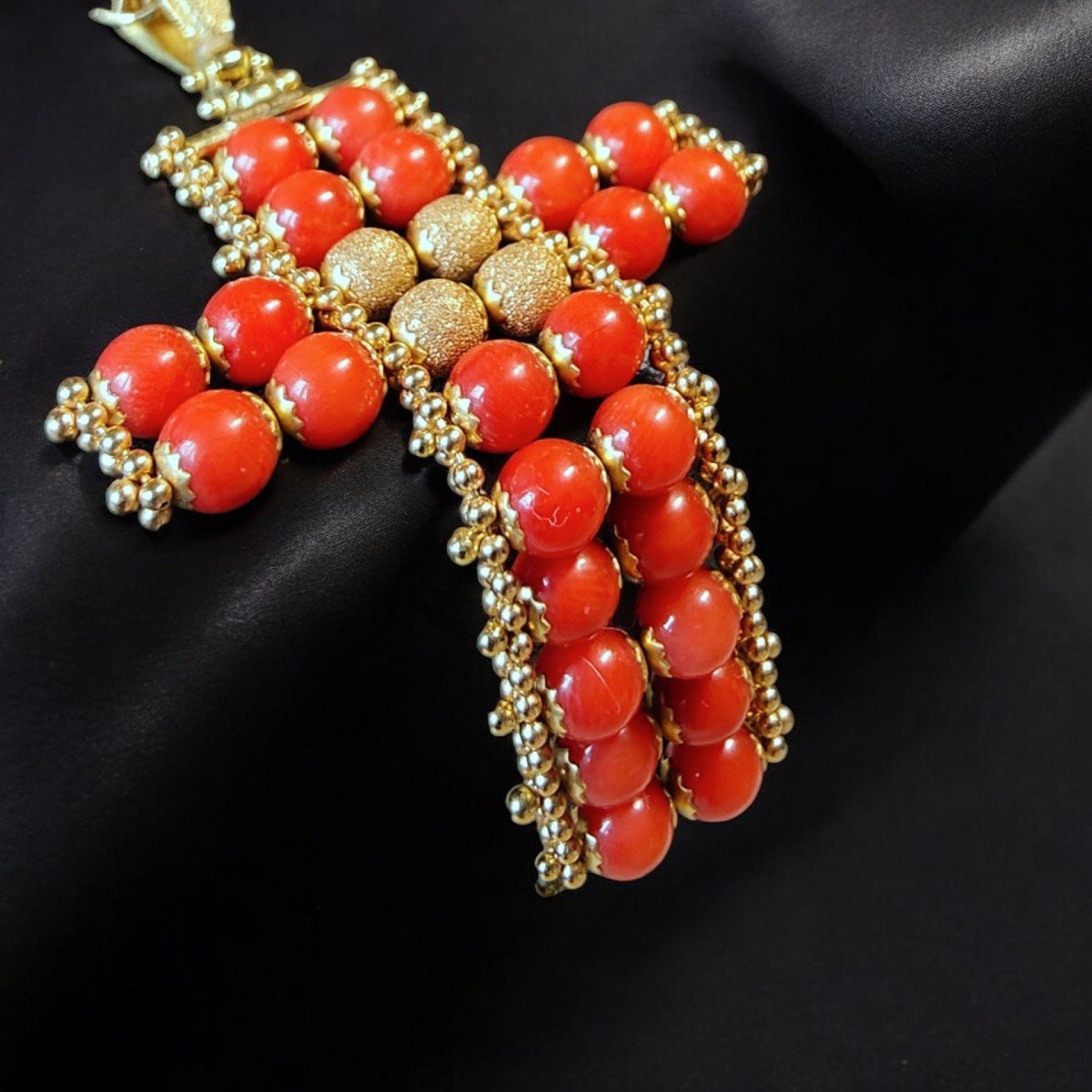 Vintage Sardinian Red Coral And Filigree Coral Cross Pendant-photo-4