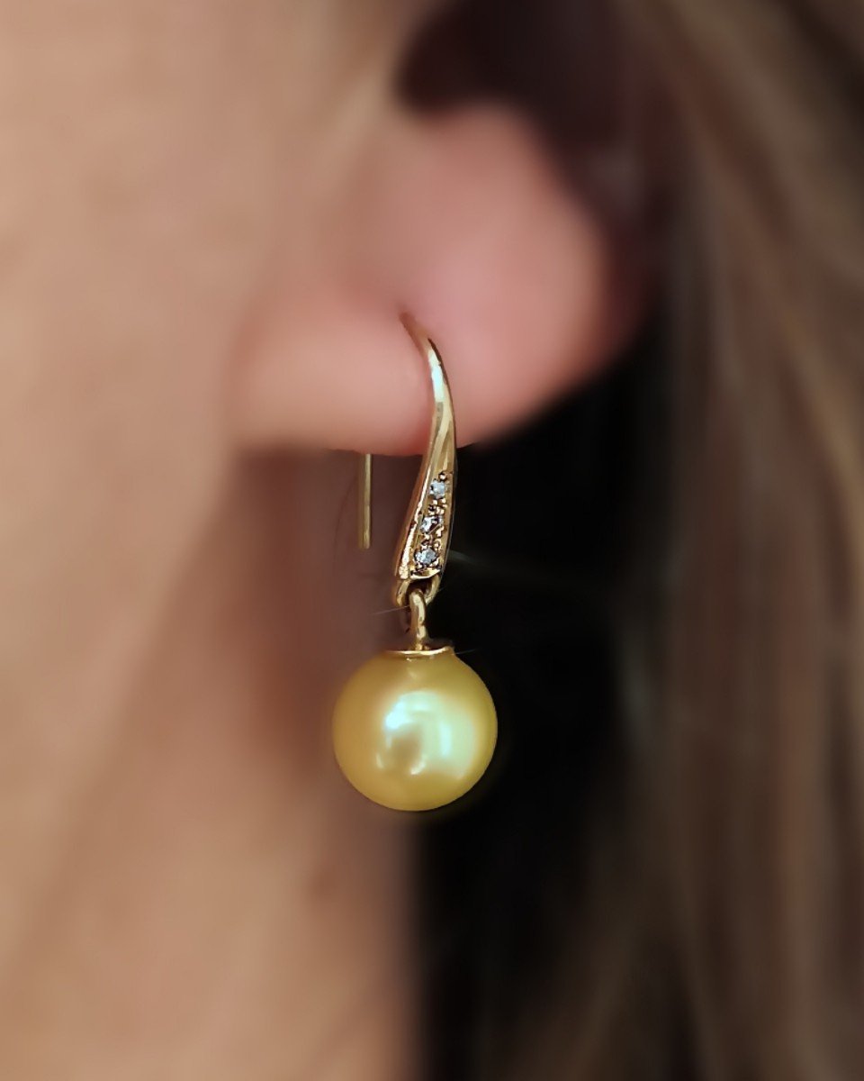 9 Mm  *golden* Akoya Saltwater Pearl 18k Gold & Diamonds Dangling Pierced Earrings-photo-1
