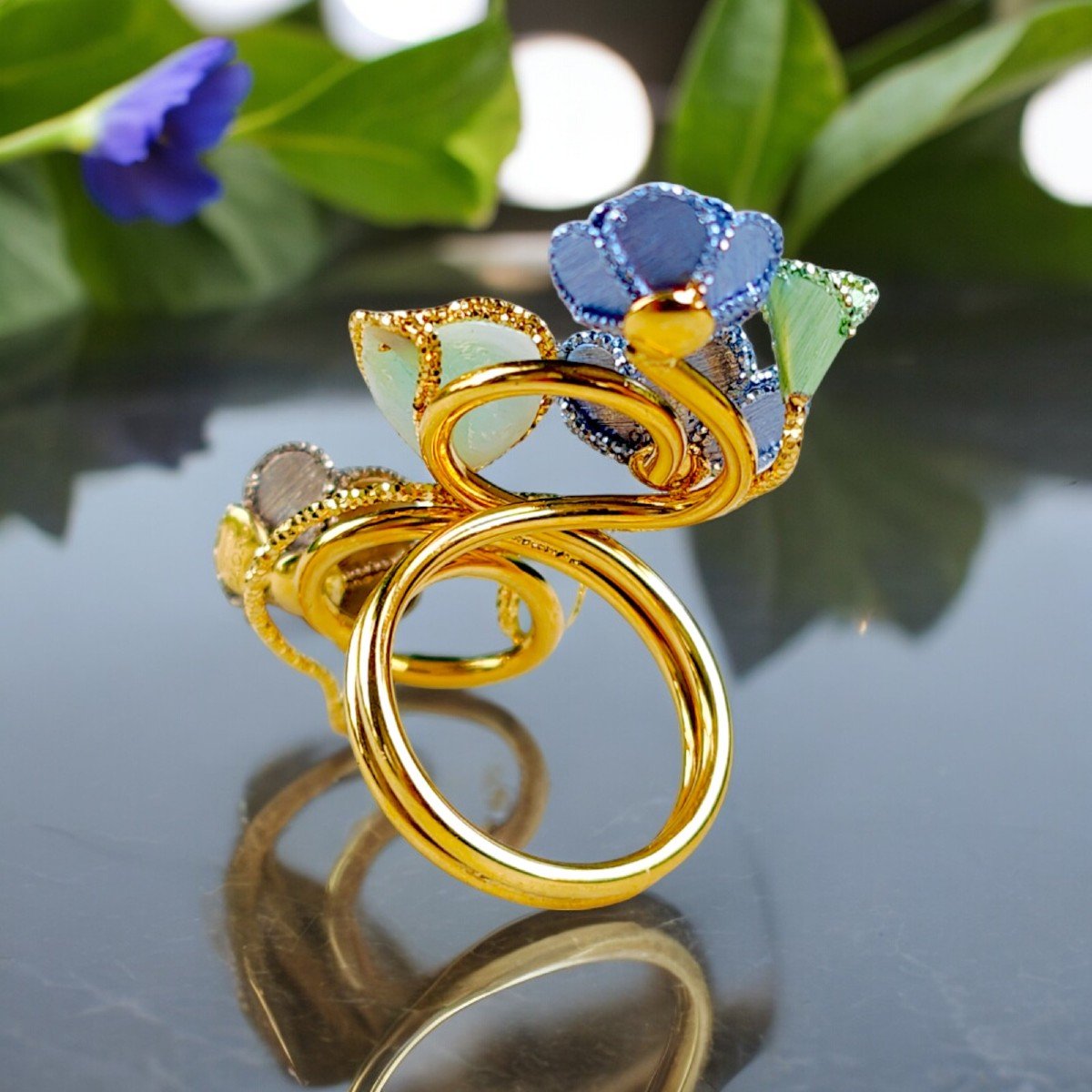18kt Gold & Enamel Full Finger Floral Ring-photo-2