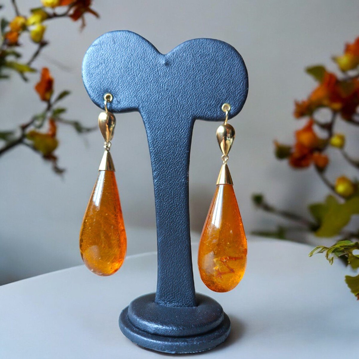 Pendants d'Oreilles Vintage En Ambre Miel Et Or 18kt-photo-2