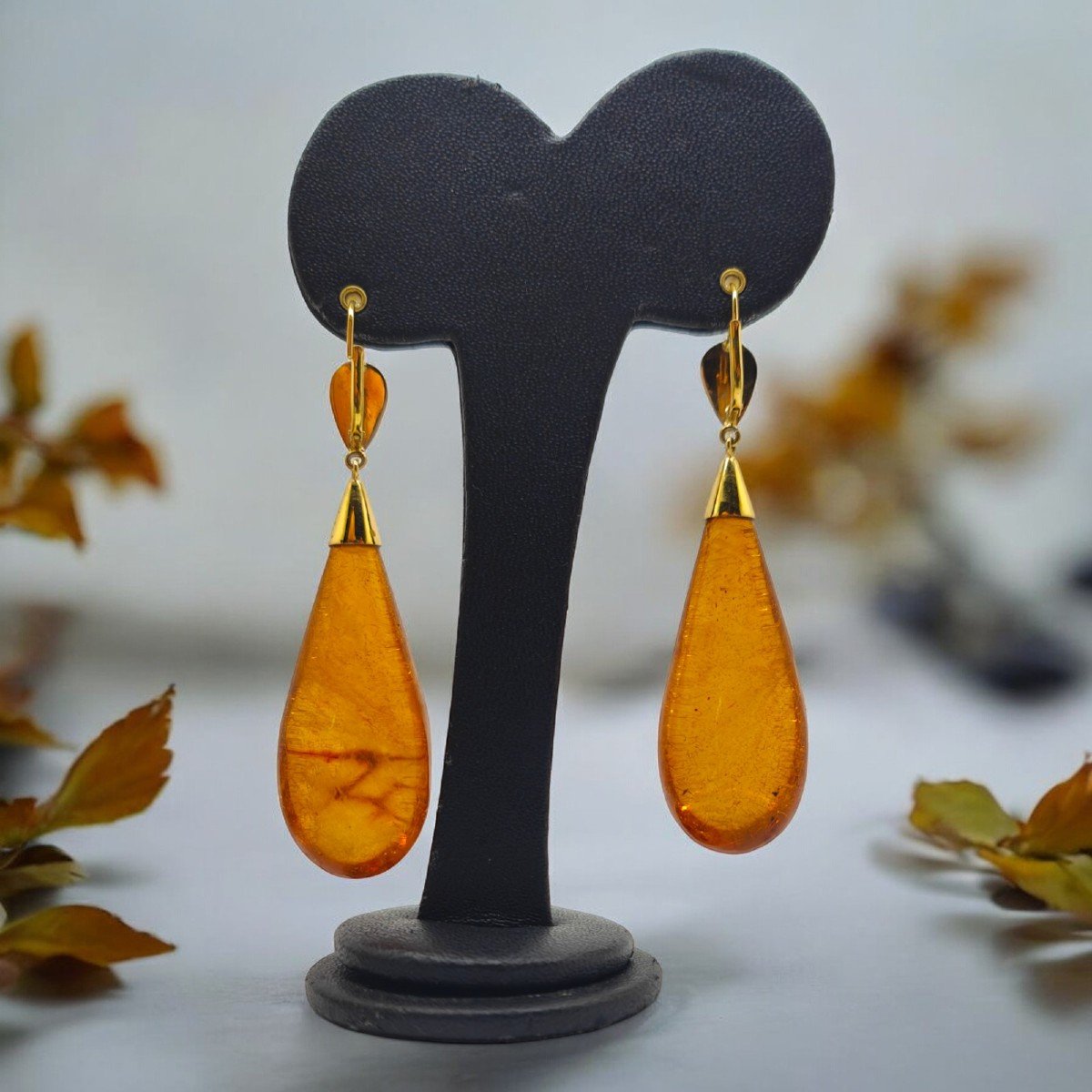 Pendants d'Oreilles Vintage En Ambre Miel Et Or 18kt-photo-3