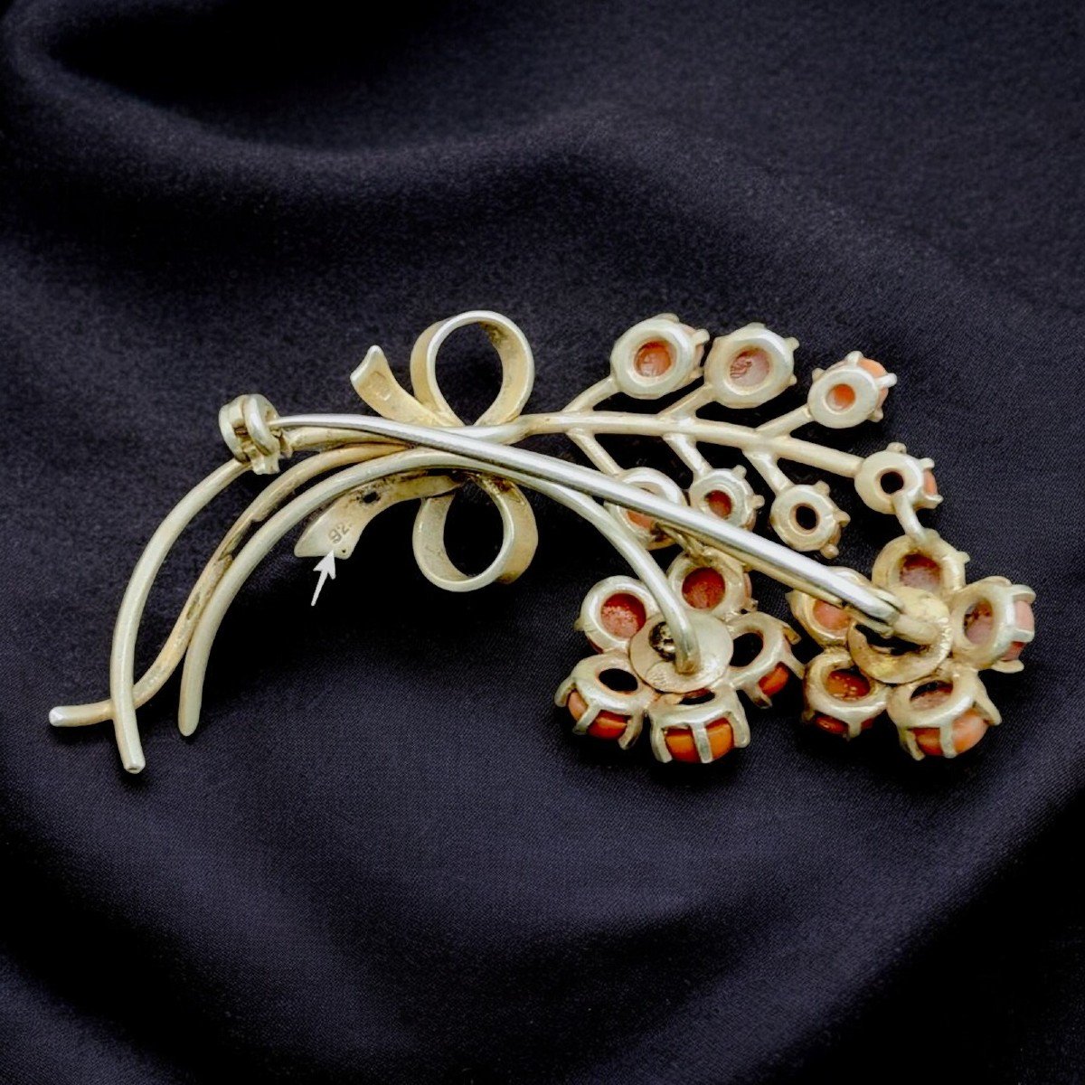 1950 Sterling Silver And Rose Coral Floral Pin Brooch-photo-4