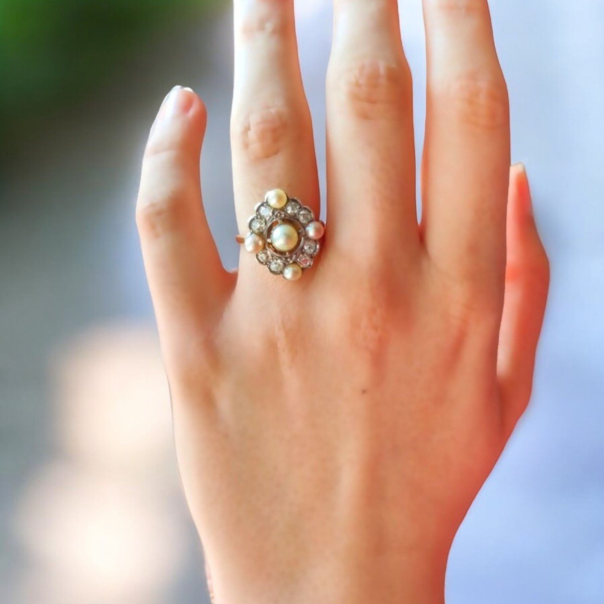 Ancienne Bague Fin 19ème Avec Diamants Et Perles Rose Et Blanche-photo-2