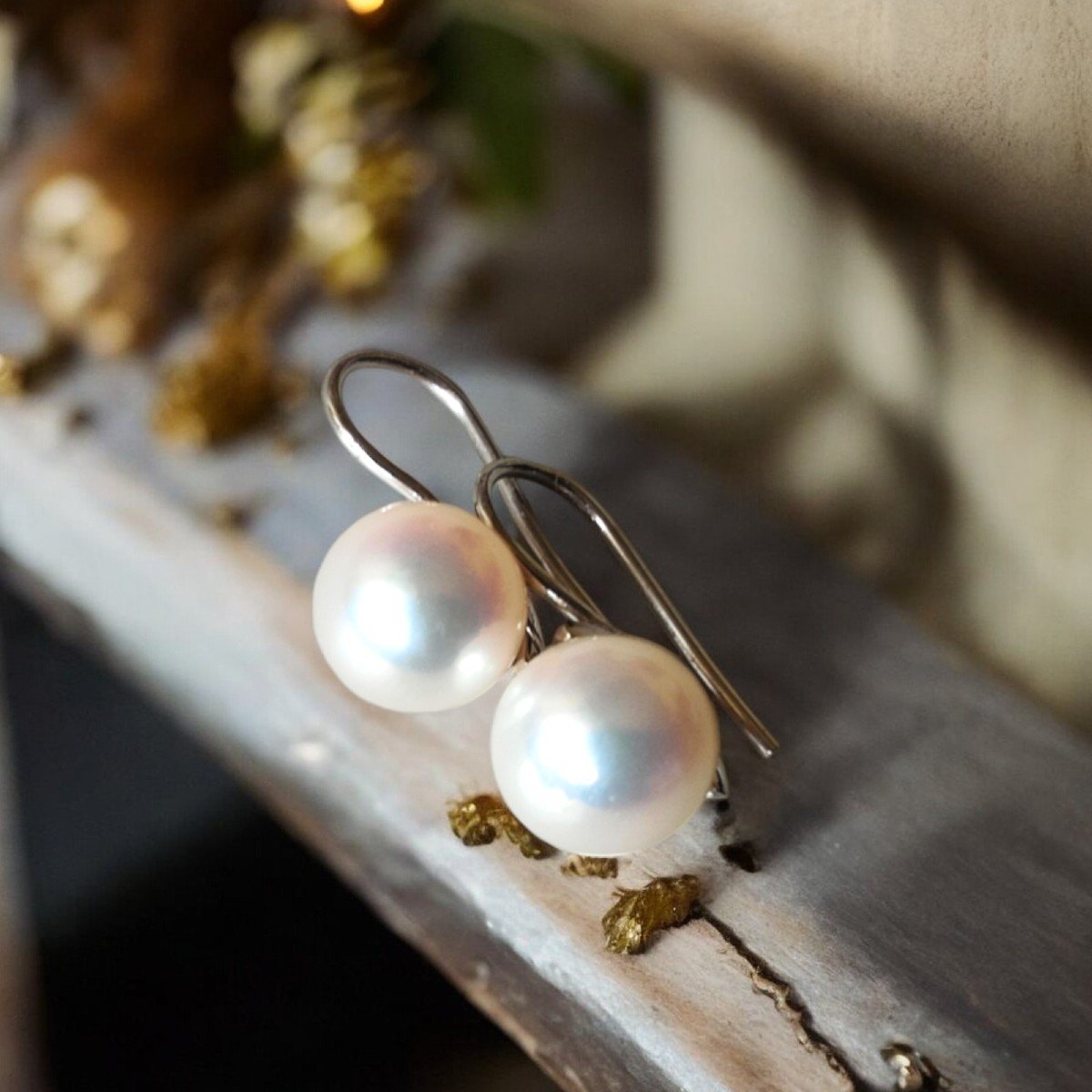 Boucles d'Oreilles Perles Blanches Akoya 8.5 - 9 Mm et Or Blanc 750