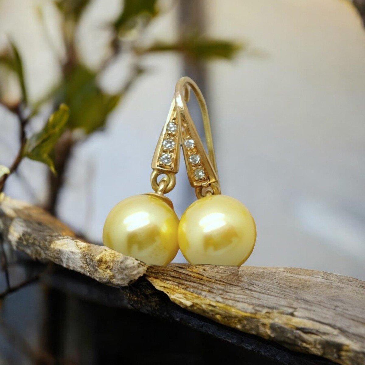 Boucles d'Oreilles Or Jaune 750, Diamants Et Perles Akoya Gold 8.5 - 9 Mm-photo-2