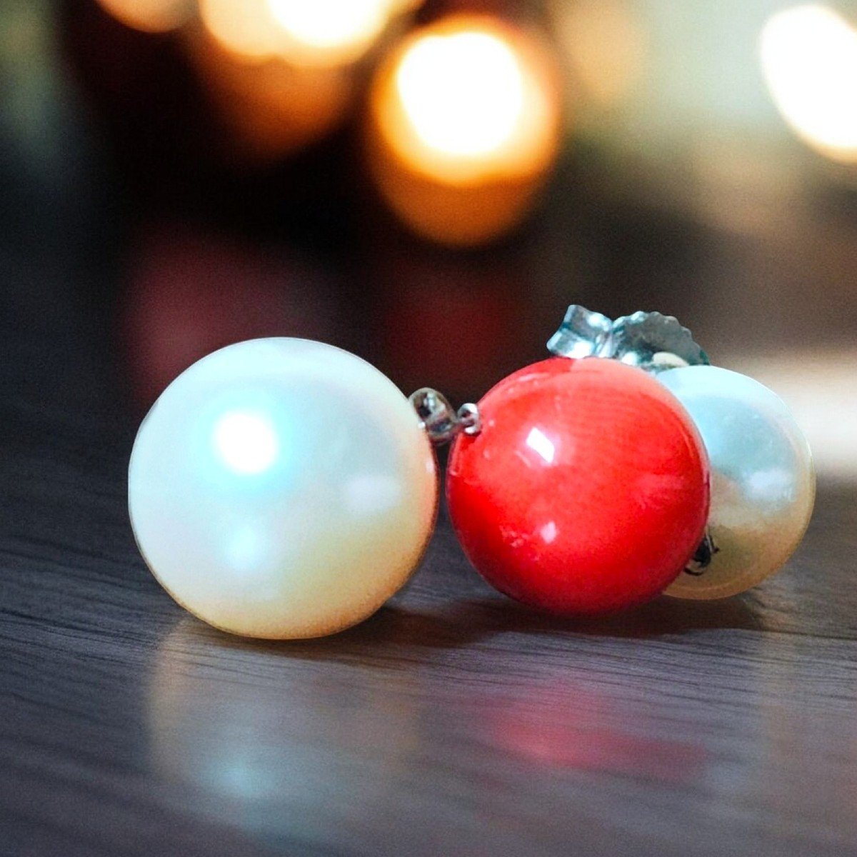  18kt White Gold, South Sea Pearls & Coral Drop Earrings-photo-2