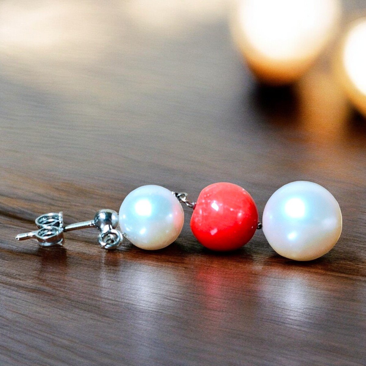  18kt White Gold, South Sea Pearls & Coral Drop Earrings-photo-3