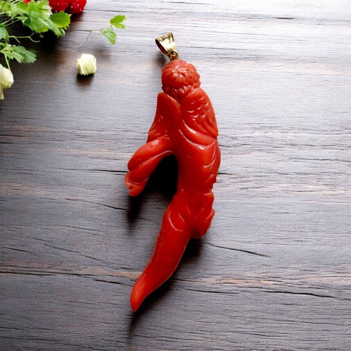 Antique Genuine Carved Deep Red Mediterranean Coral Pendant Lucky Horn-photo-3