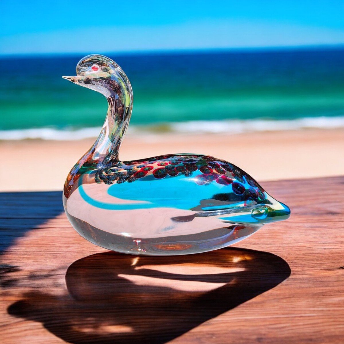 Antonio Da Ros (1936-2012) For Cenedese Neodymium Sommerso Glass Duck With Murrine, Ca 1962-photo-3