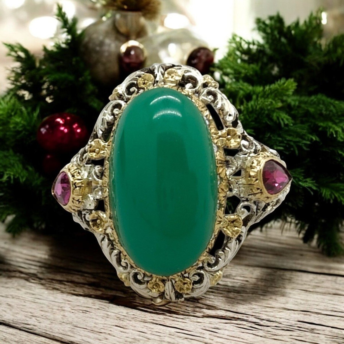 Antique Art Deco Filigree Gold And Silver Jade And Ruby Ring-photo-3