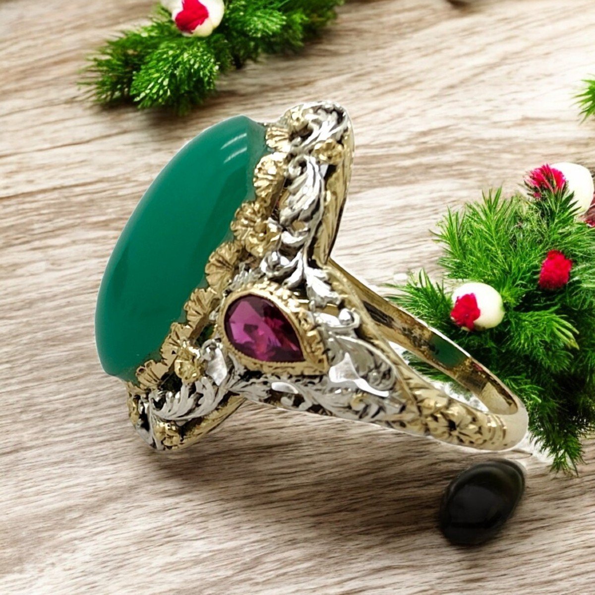 Antique Art Deco Filigree Gold And Silver Jade And Ruby Ring-photo-4