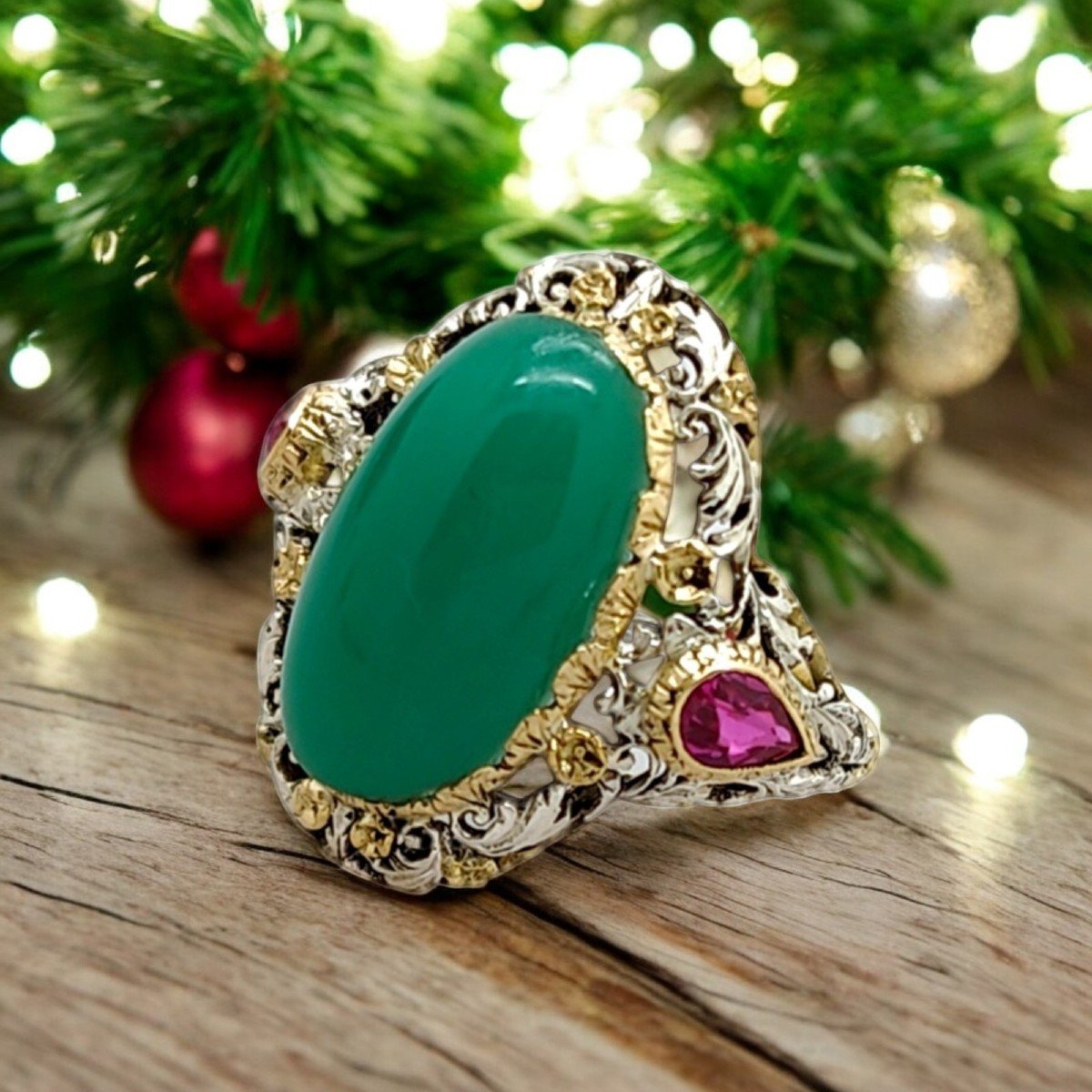 Antique Art Deco Filigree Gold And Silver Jade And Ruby Ring-photo-1