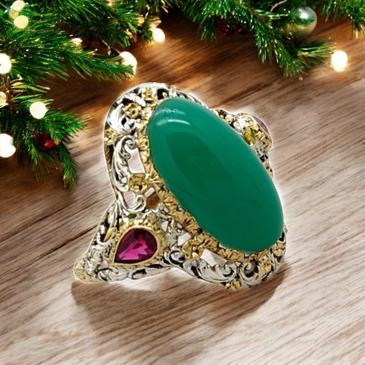 Antique Art Deco Filigree Gold And Silver Jade And Ruby Ring