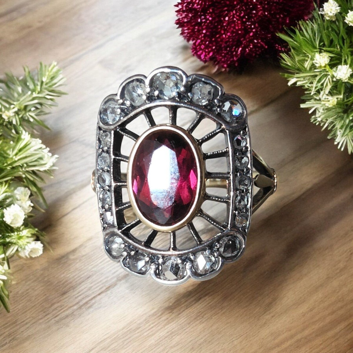 Bague 1940 En Tourmaline Rose Et Diamant Taille Rose-photo-6