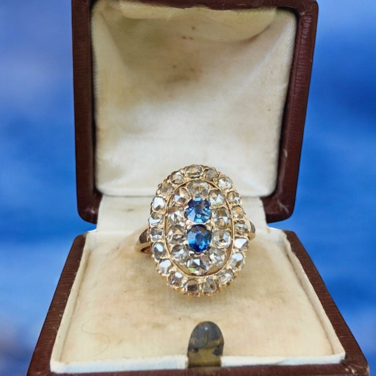 Edwardian 18k Rose Gold Sapphire Ring W/ Rose Cut Diamond Halo. C1910-photo-1