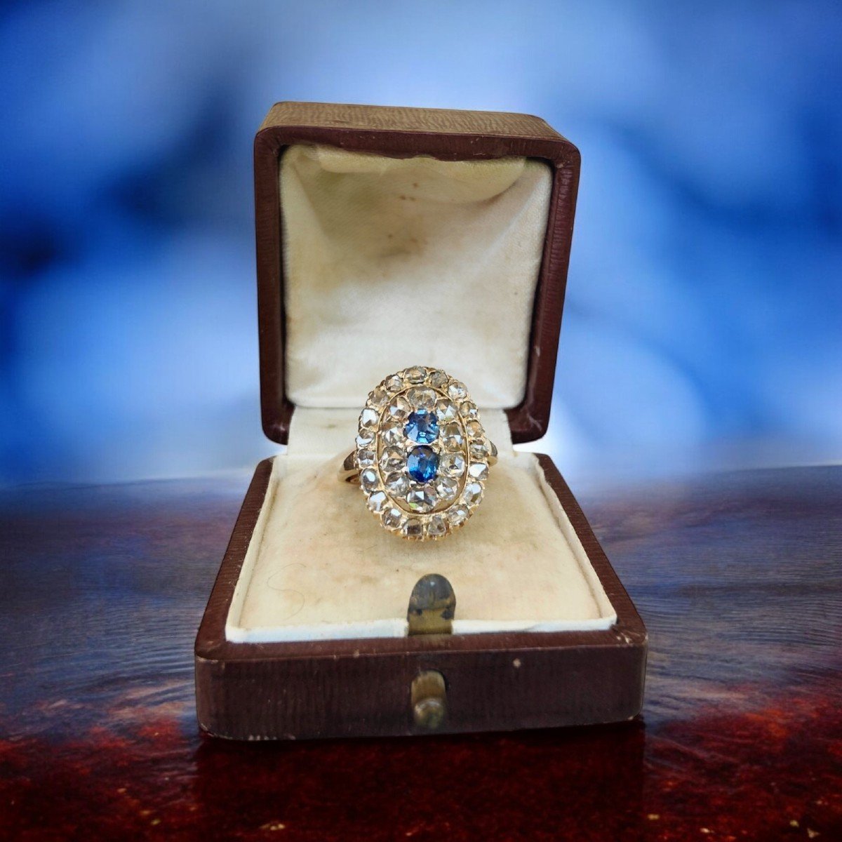 Edwardian 18k Rose Gold Sapphire Ring W/ Rose Cut Diamond Halo. C1910-photo-2