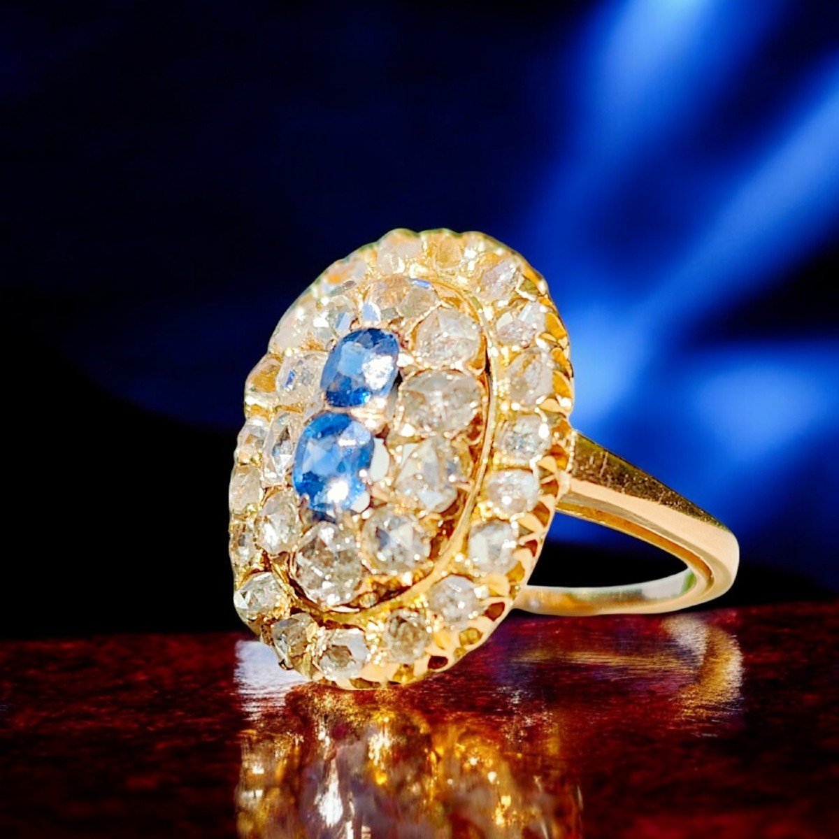 Edwardian 18k Rose Gold Sapphire Ring W/ Rose Cut Diamond Halo. C1910