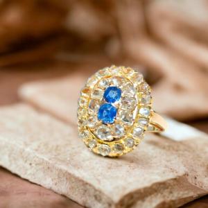 Bague Dèbut 1900 En Or Rose 18kt, Diamant Et Sapphires Synthétiques