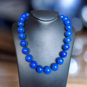 Huge Single Strand 18 Mm Lapis-lazuli Bead Necklace With Diamond Set 18kt Gold Clasp