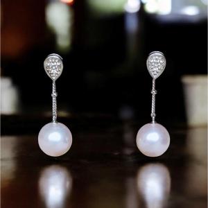 9 Mm Akoya Saltwater Pearl 18k White Gold & Diamonds Mounted Dangling Pierced Earrings