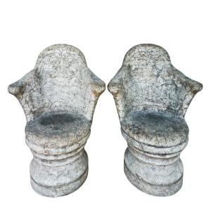 Paire De Fauteuils En Pierre Sculpté – Espagne 1880-1900