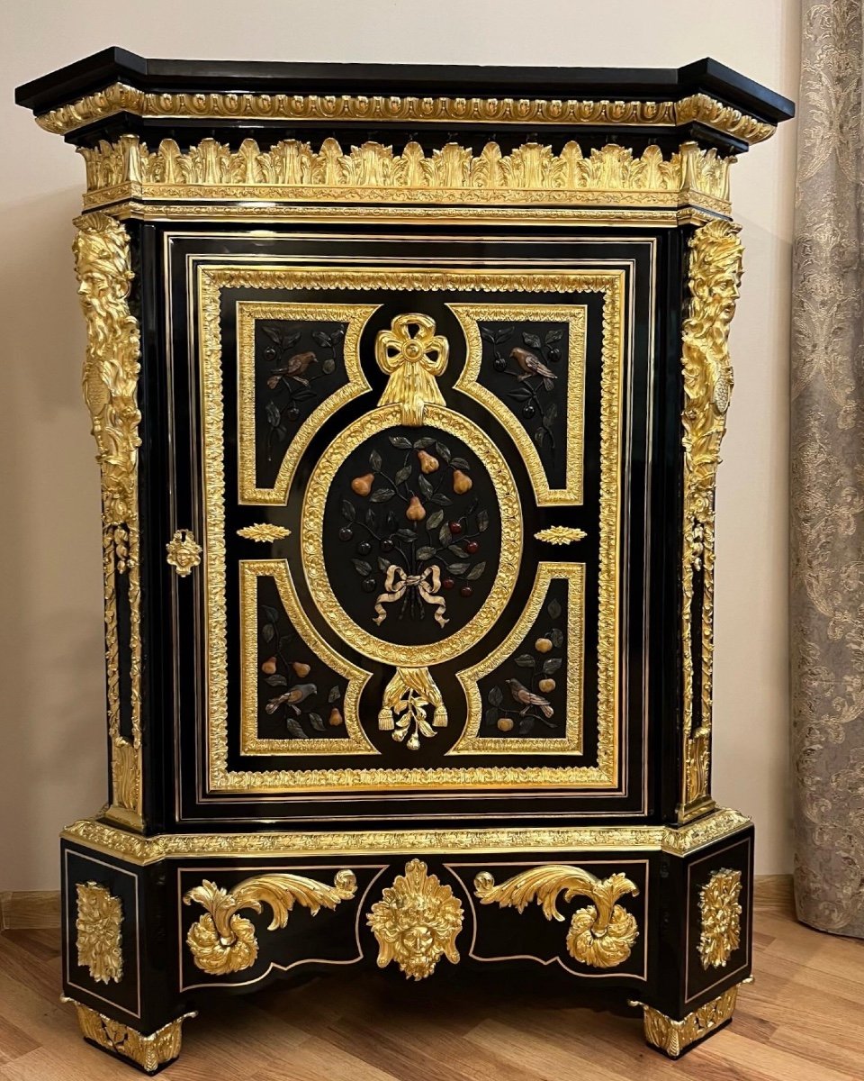 France Paris Bronze Mounted Ebonized And Pierres Dures Pietra Dura Natural Stones Marble Top Cabinet 19th Century-photo-2