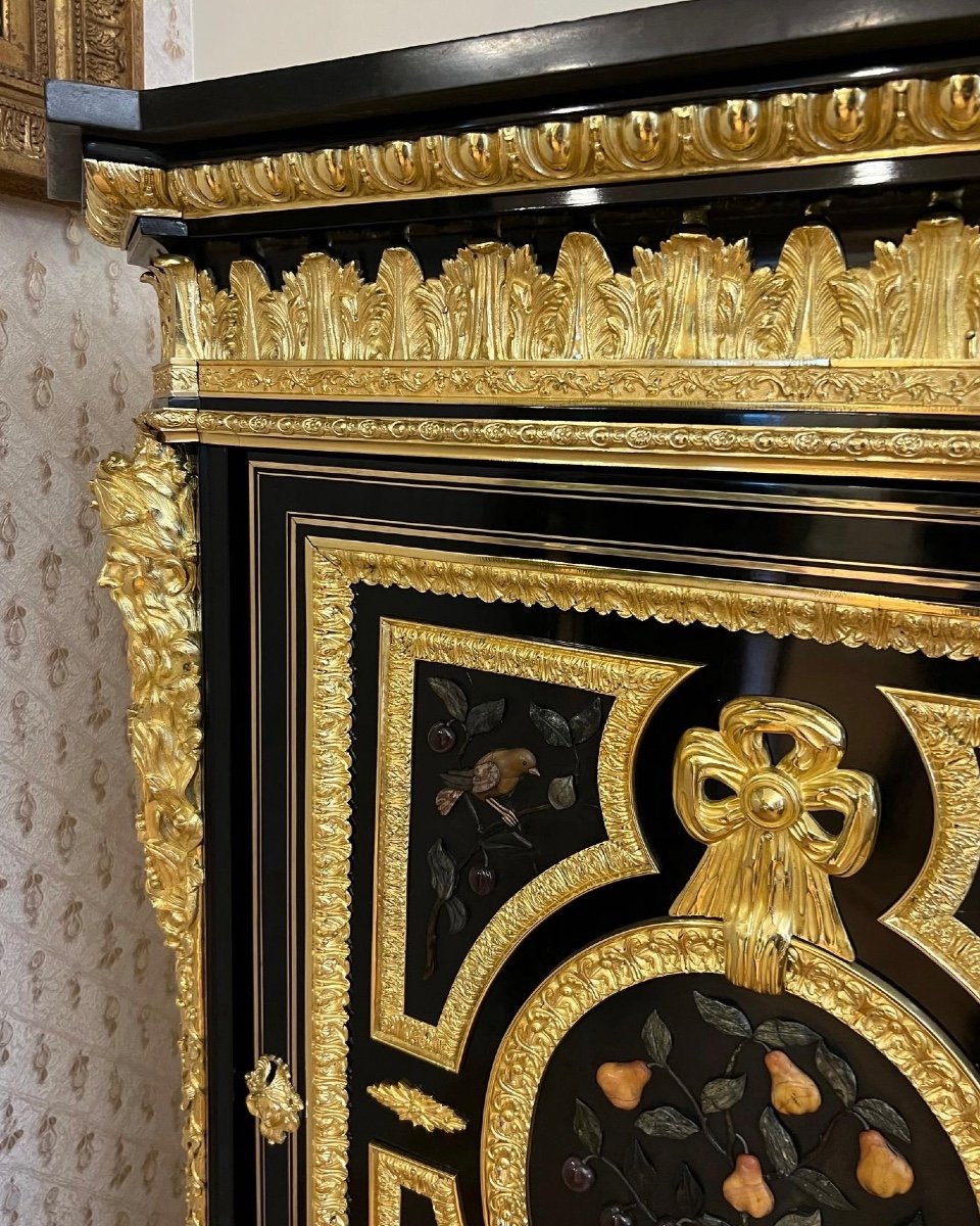 France Paris Bronze Mounted Ebonized And Pierres Dures Pietra Dura Natural Stones Marble Top Cabinet 19th Century-photo-3