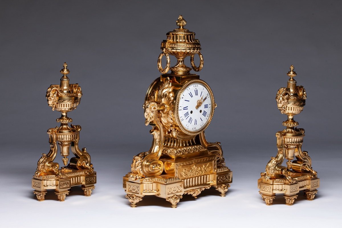 Louis XVI Style Mantel Clock Set Of Three Pieces Stamped V V-photo-2