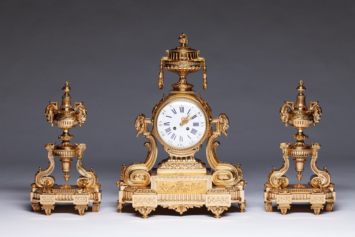 Louis XVI Style Mantel Clock Set Of Three Pieces Stamped V V