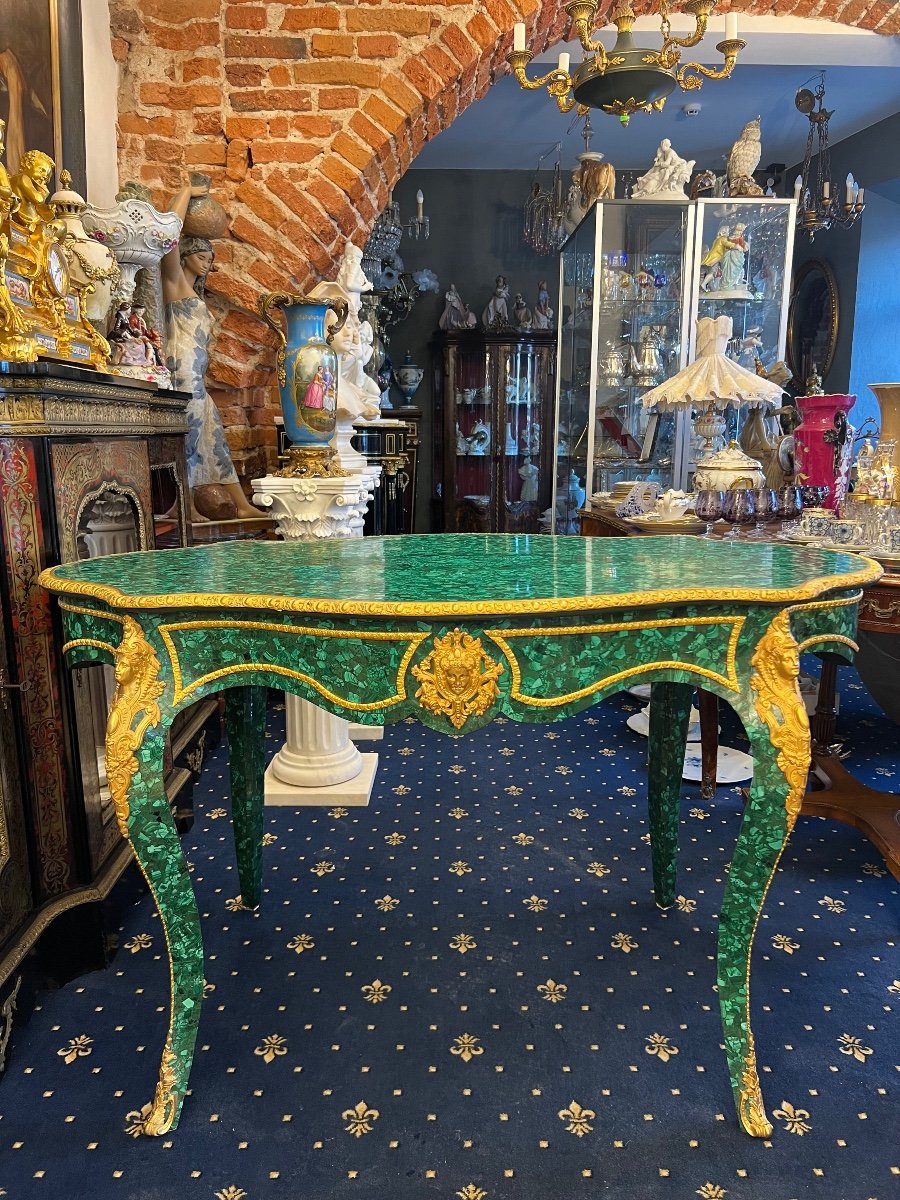 Grand Bureau Desk Table En Malachite Monté En Bronze Dore Français France 20ème Siècle-photo-3