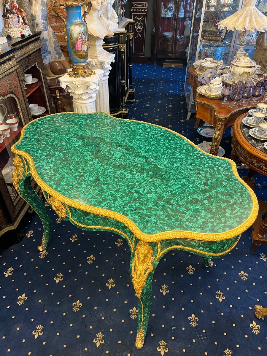 Grand Bureau Desk Table En Malachite Monté En Bronze Dore Français France 20ème Siècle-photo-2