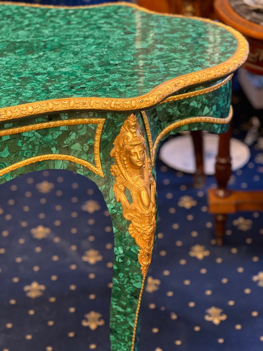 Grand Bureau Desk Table En Malachite Monté En Bronze Dore Français France 20ème Siècle-photo-3