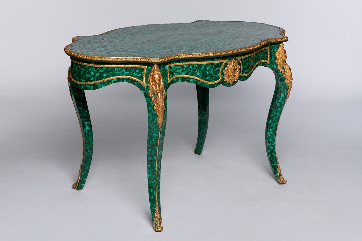 Large Malachite Desk Table Mounted In Gilt Bronze French France 20th Century-photo-2