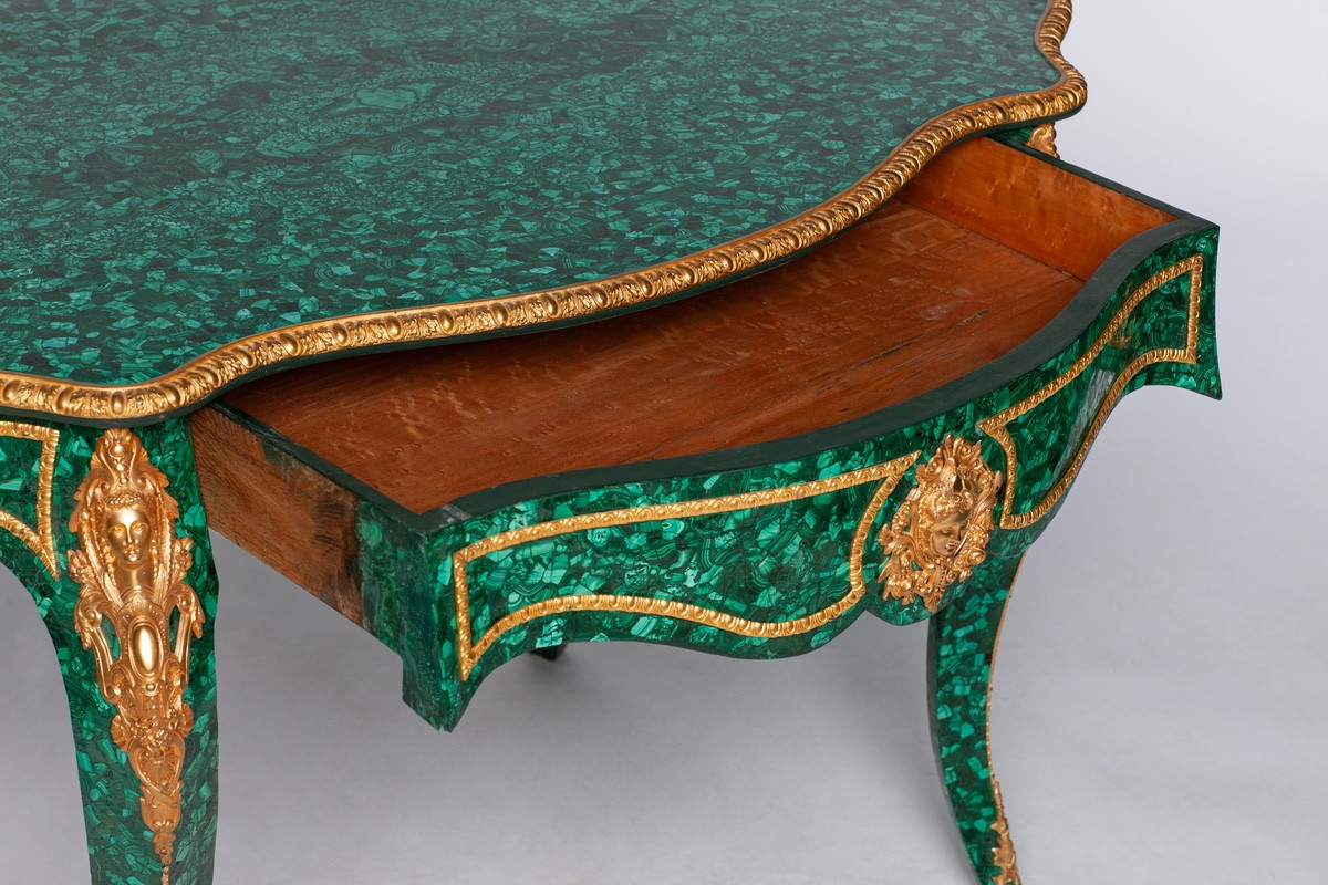 Large Malachite Desk Table Mounted In Gilt Bronze French France 20th Century-photo-3