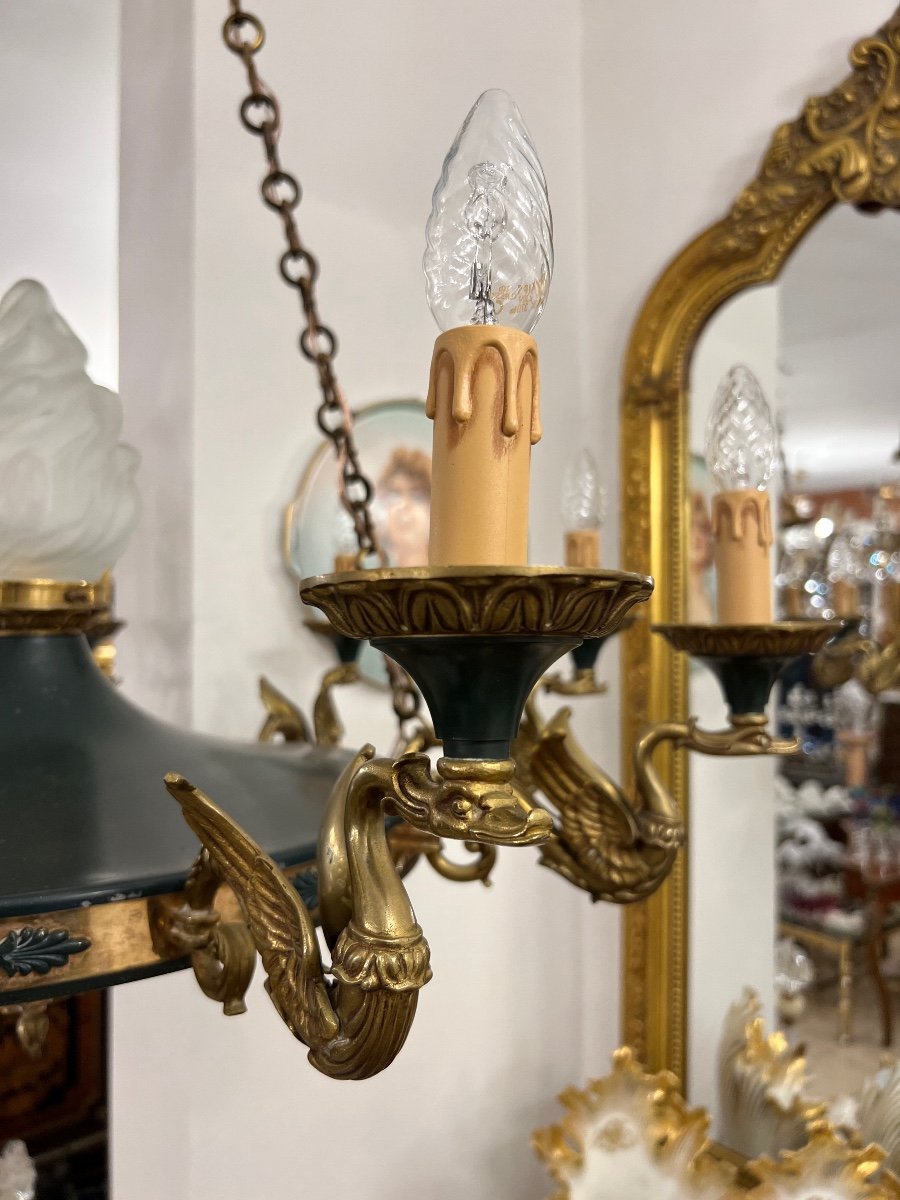 Chandelier Empire Style Bronze With Swans 19th Century 9 Lights-photo-1