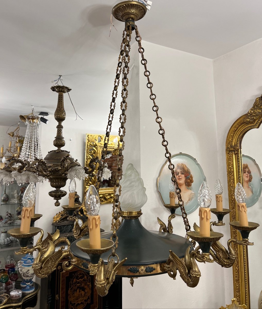 Chandelier Empire Style Bronze With Swans 19th Century 9 Lights-photo-2