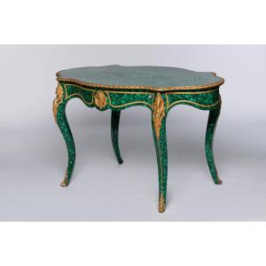 Grand Bureau Desk Table En Malachite Monté En Bronze Dore Français France 20ème Siècle