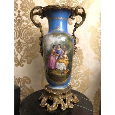 Antique French Sevres Style Vase Hand Painted Porcelain With Bronze