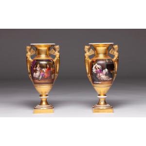 Vases Empire En Porcelaine XIXe Avec Peinture Décorative