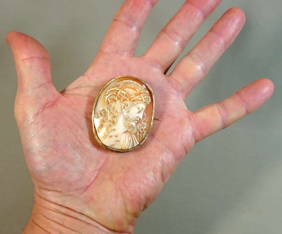 Portrait Of Christ In Engraved Shell Cameo, Very Nice Work, Frame In Ornate Gold, XIXth Century-photo-3